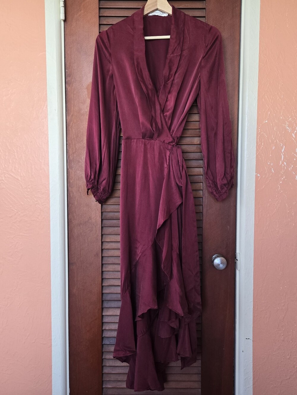 Zimmermann Burgundy Silk Wrap Tie Dress With Ruffles, Brand Size 0